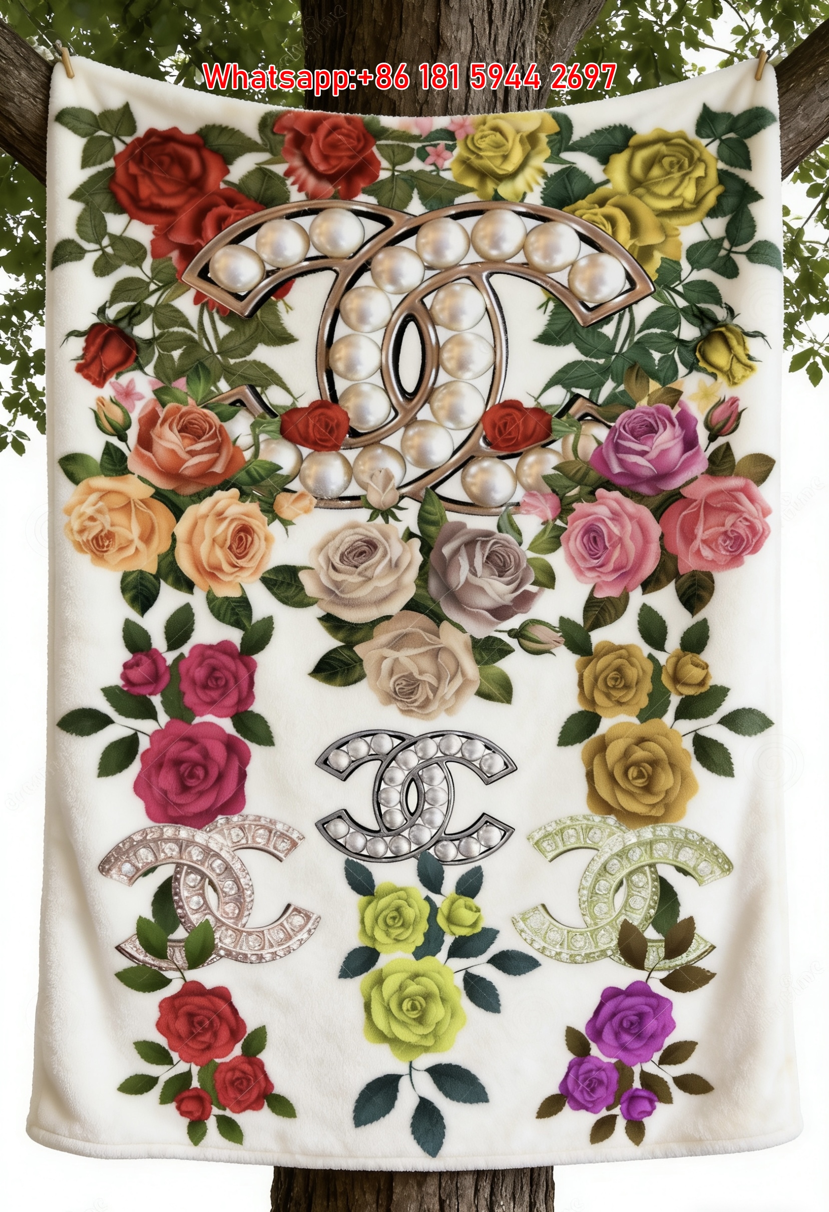 Chanel Luxury Rose Pearl Print Flannel Throw Blanket IMG_6959